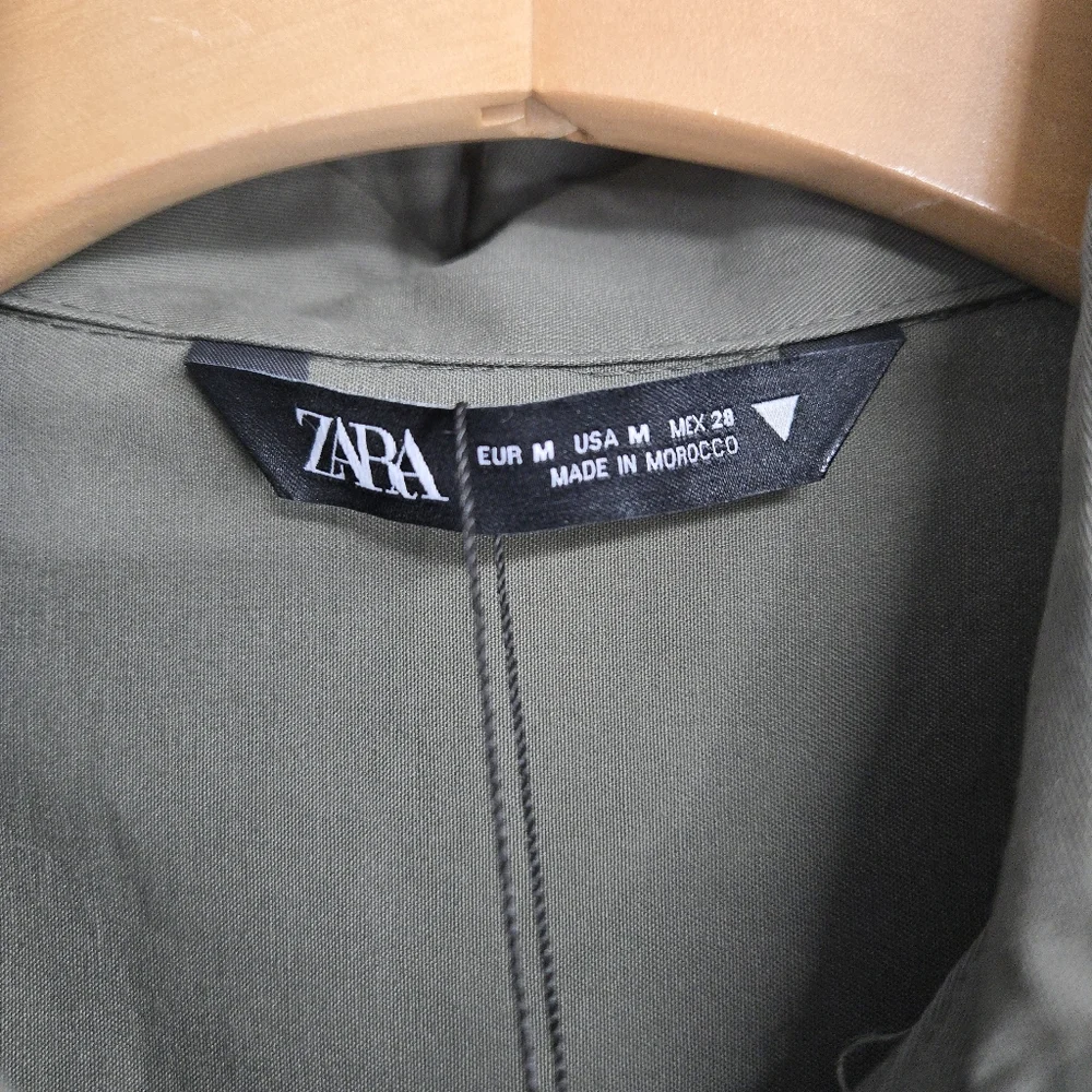 Zara Gabardine Shirt Dress Green Utility Long‎ Sleeves